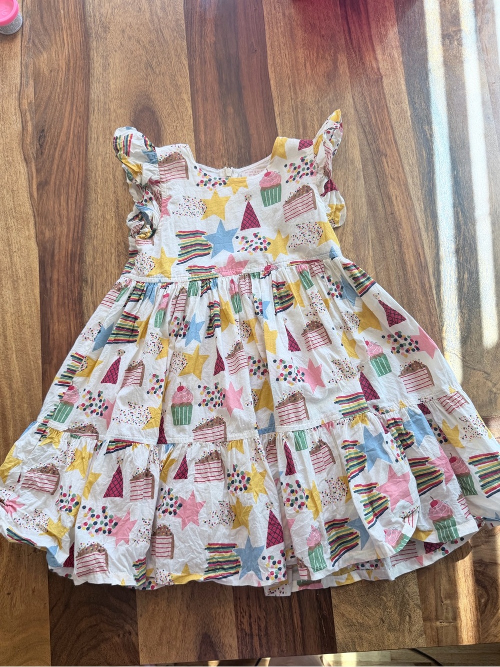 Pink Chicken White Party Print Dress with Colorful Treats